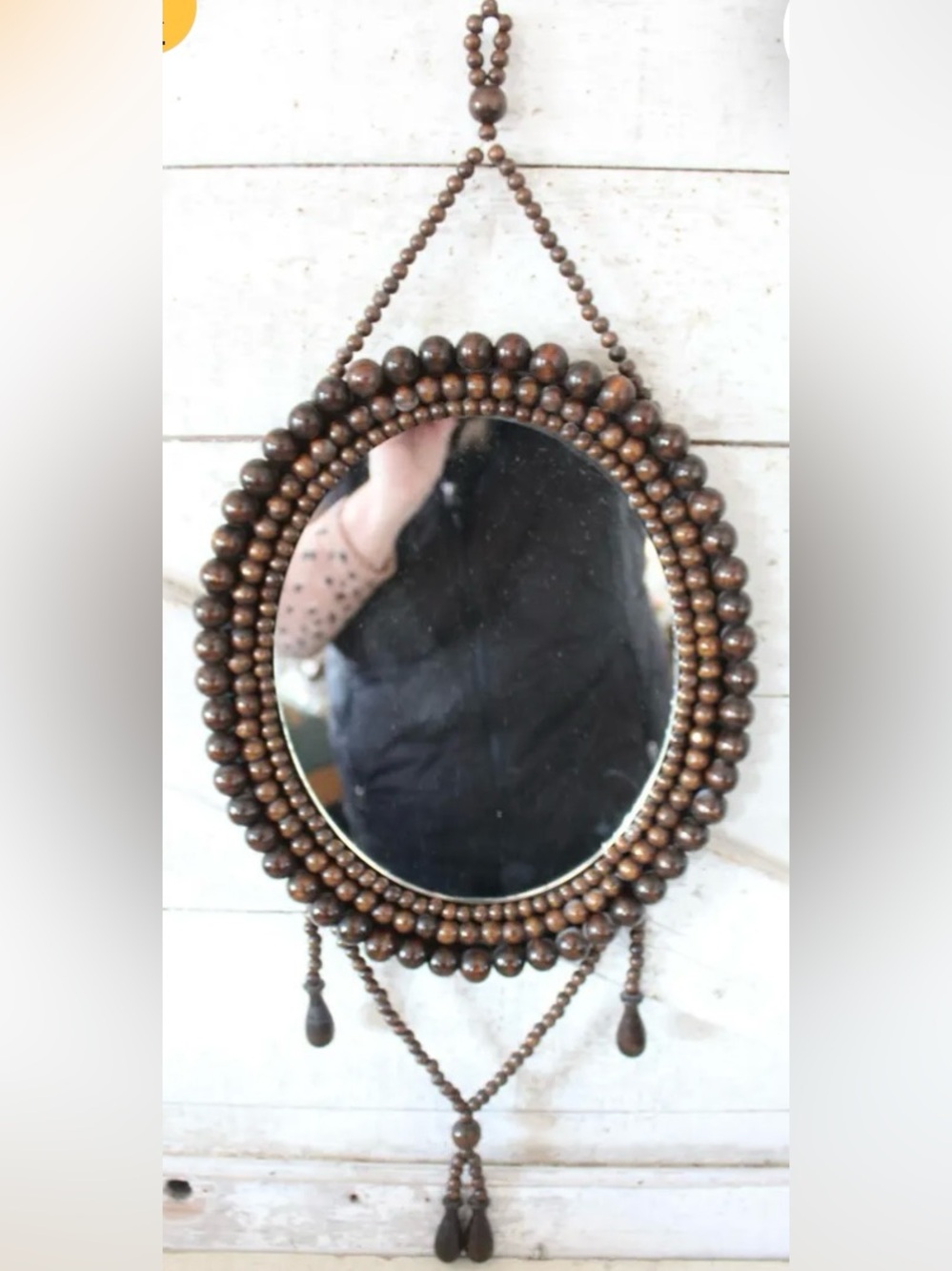 Vintage 1970’s Boho Beaded  Wooden Oval Wall Mirror - Brown